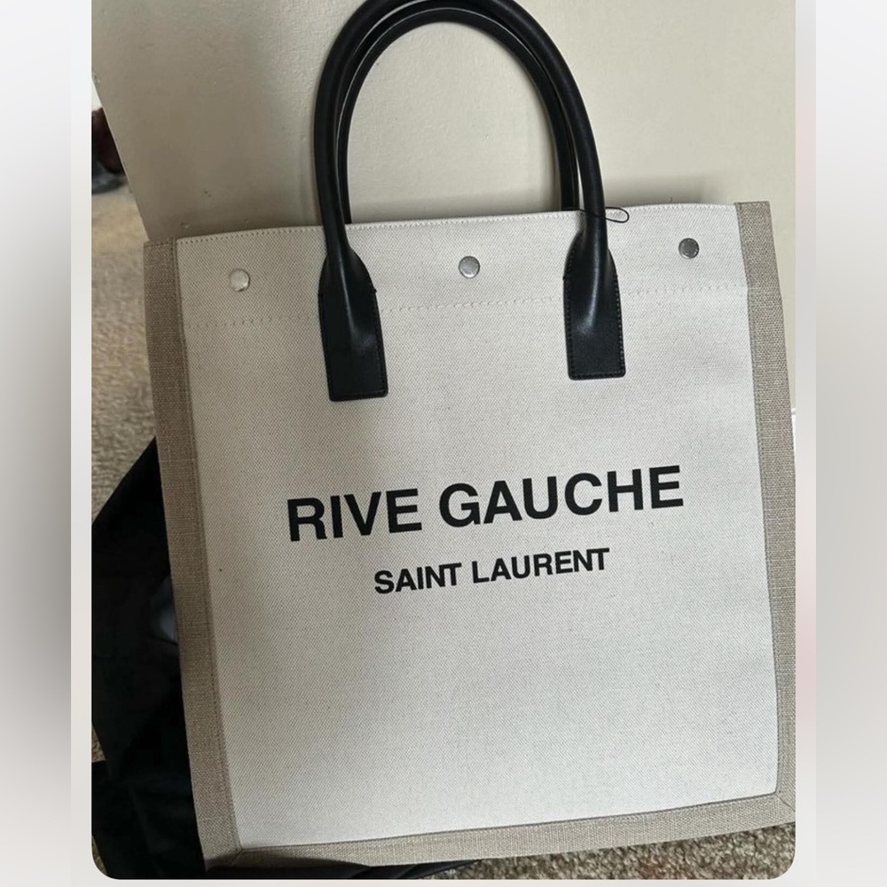 Saint Laurent Rive Gauche Canvas Tote in Cream and Black